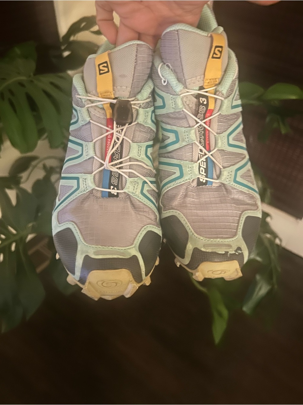 Salomon Women's Trail Sneakers in Mint Green and Gray with Yellow Accents